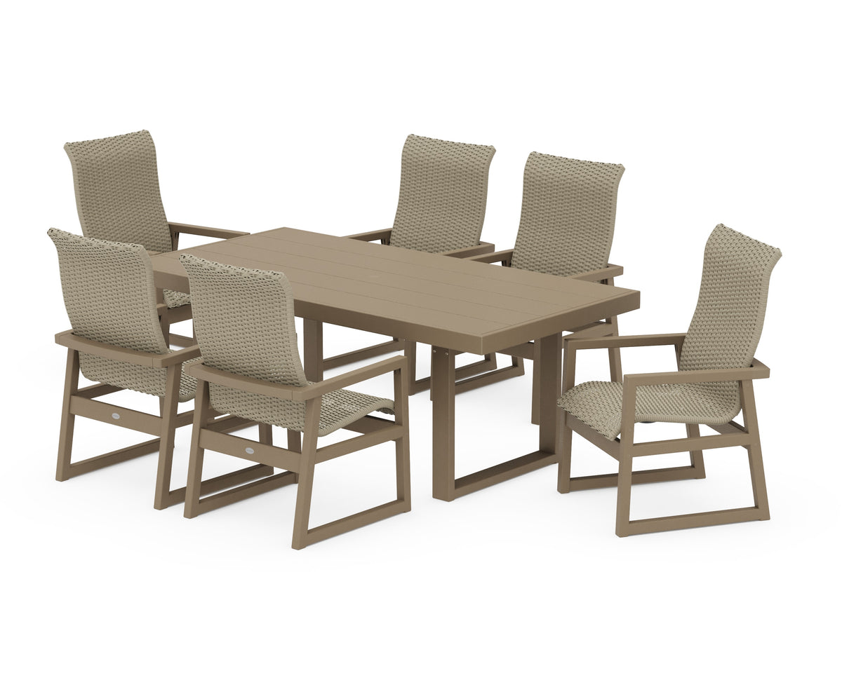 POLYWOOD EDGE Woven High-Back Arm Chair 7-Piece Dining Set in Vintage Sahara / Dune Grass
