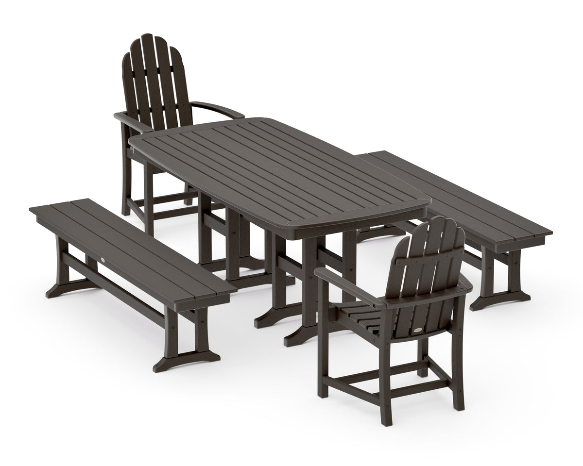 POLYWOOD Classic Adirondack 5-Piece Dining Set with Benches - 37" x 72" Table in Vintage Coffee
