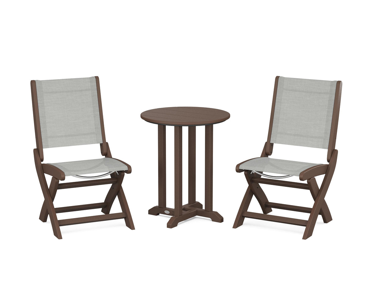 POLYWOOD Coastal Folding Side Chair 3-Piece Round Bistro Dining Set in Mahogany / Metallic