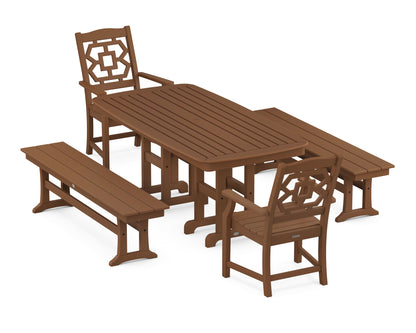 POLYWOOD Chinoiserie 5-Piece Dining Set with Benches in Teak