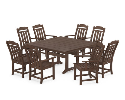 POLYWOOD Cottage 9-Piece Square Farmhouse Dining Set with Trestle Legs in Mahogany