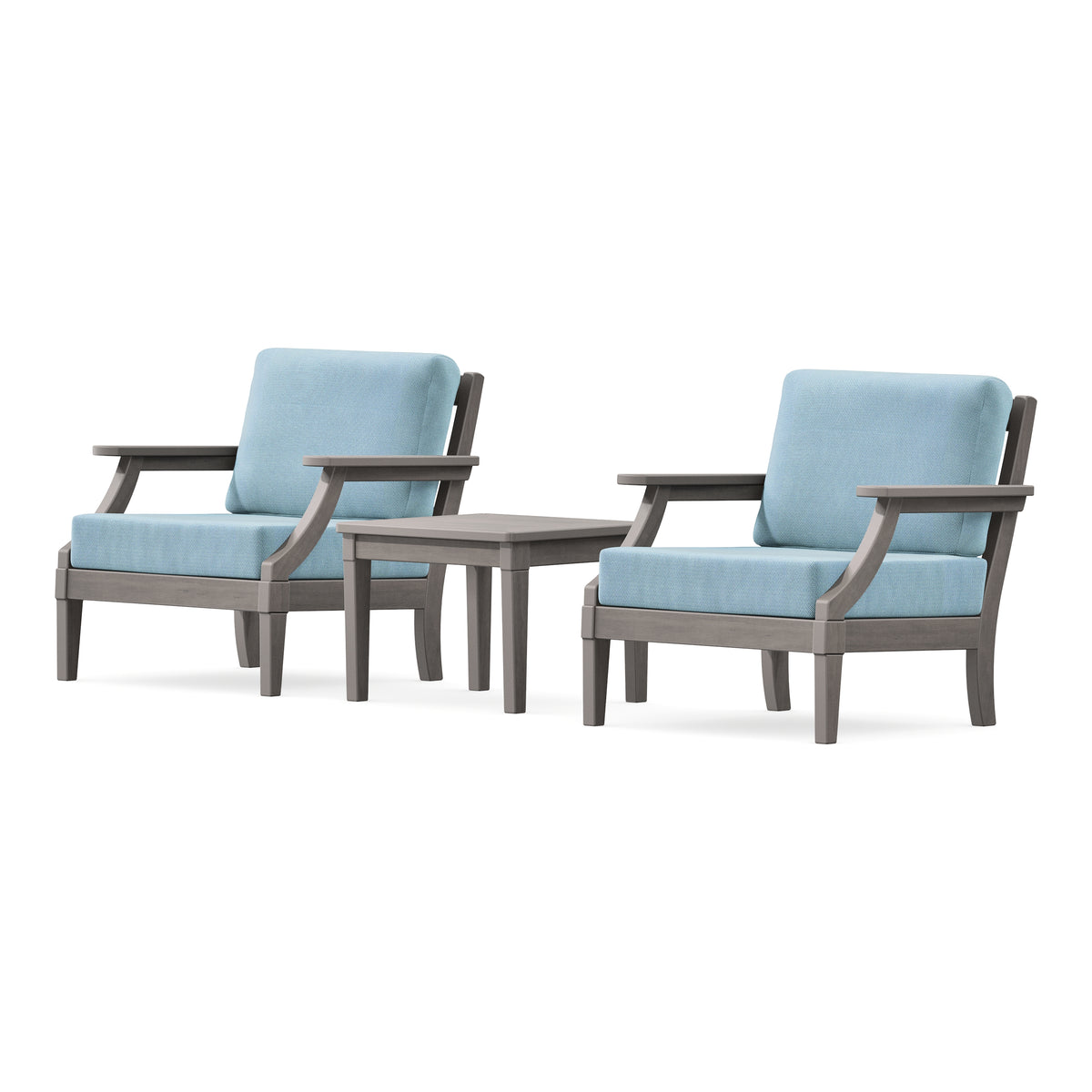 POLYWOOD PW Designer Series Estate 3-Piece Lounge Chair Set in Driftwood / Lattice Sky Blue