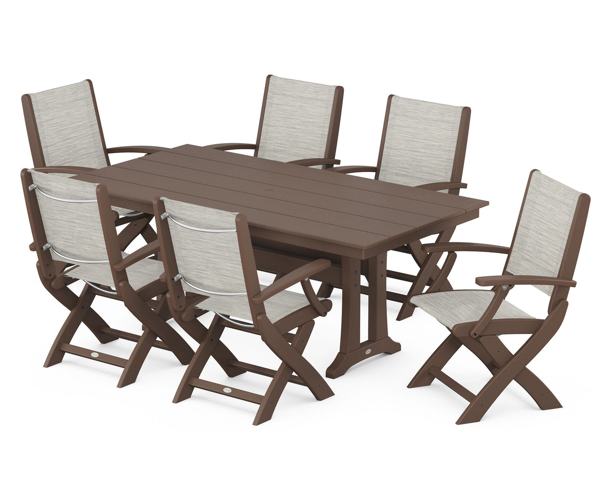 POLYWOOD Coastal Folding Arm Chair 7-Piece Farmhouse Dining Set with Trestle Legs in Mahogany / Birch