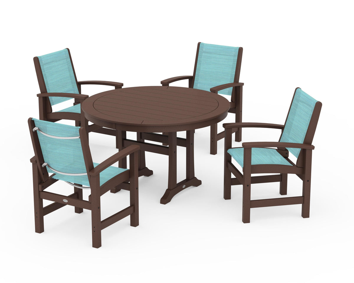 POLYWOOD Coastal 5-Piece Round Dining Set with Trestle Legs in Mahogany / Dupioni Aquamarine