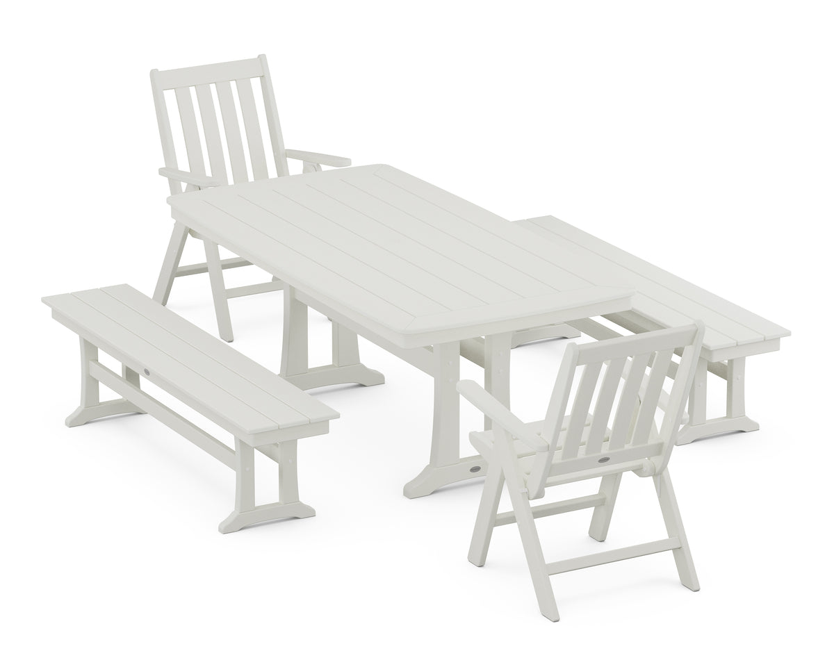 POLYWOOD Vineyard Folding Chair 5-Piece Dining Set with Trestle Legs and Benches in Vintage White