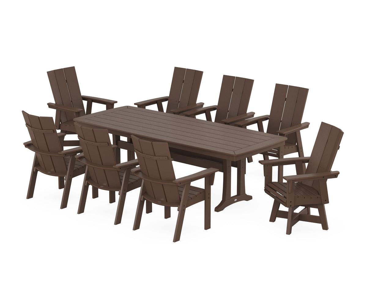 POLYWOOD Modern Curveback Adirondack Swivel 9-Piece Dining Set with Trestle Legs in Mahogany