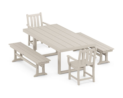 POLYWOOD Traditional Garden 5-Piece Dining Set with Benches - 39" x 78" Table in Sand