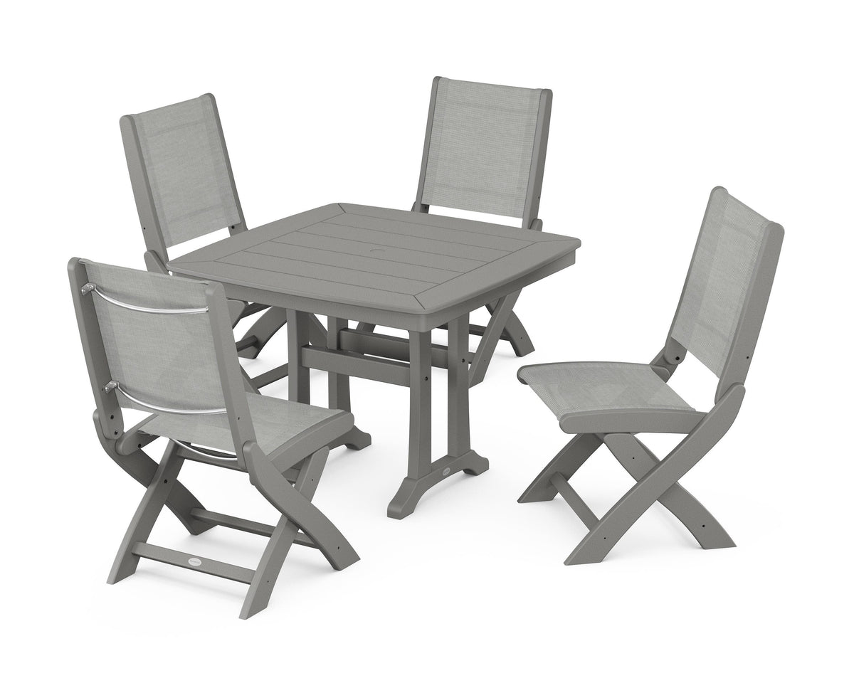 POLYWOOD Coastal Folding Side Chair 5-Piece Dining Set with Trestle Legs in Slate Grey / Metallic