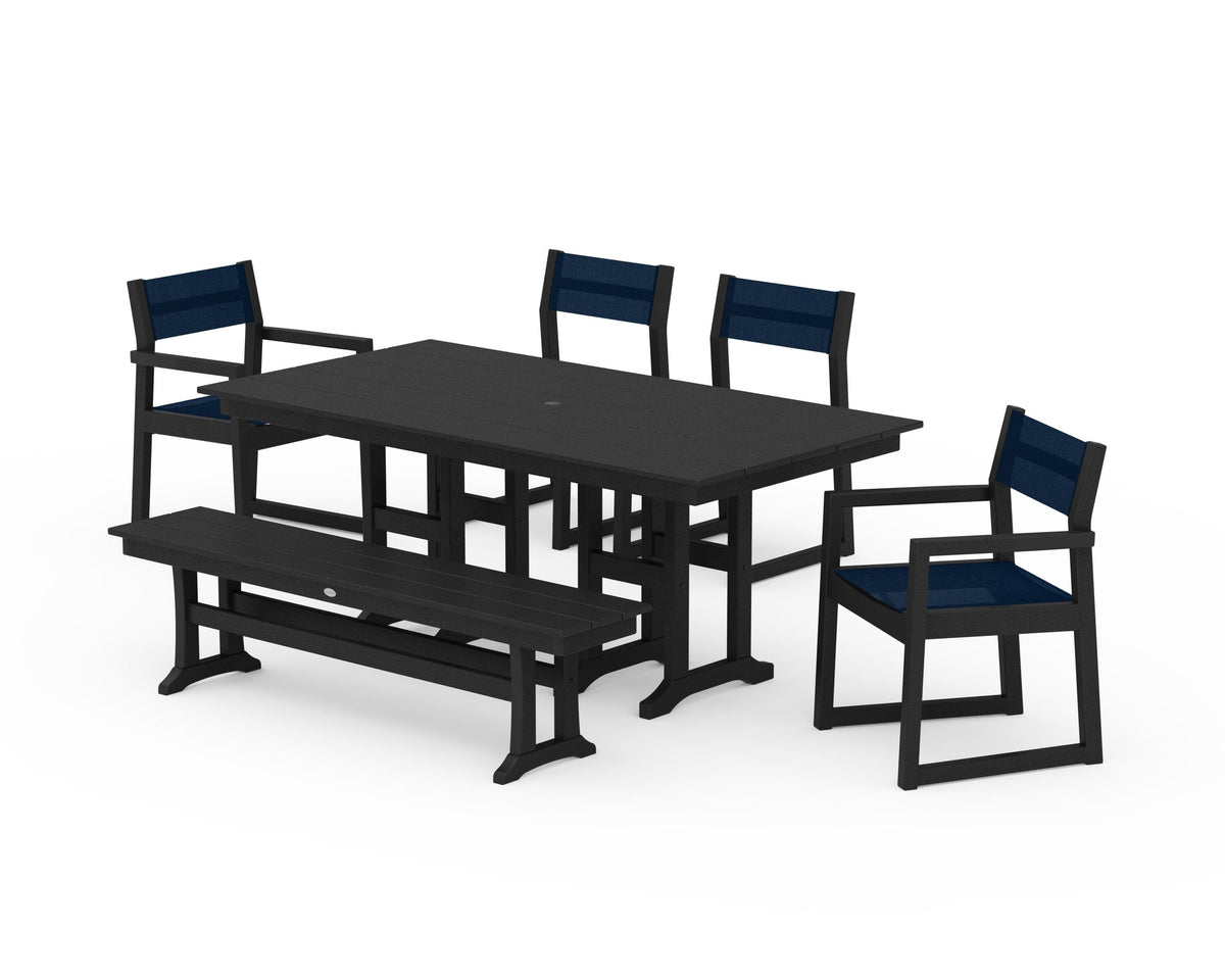 POLYWOOD EDGE Sling 6-Piece Farmhouse Dining Set in Black / Navy Blue