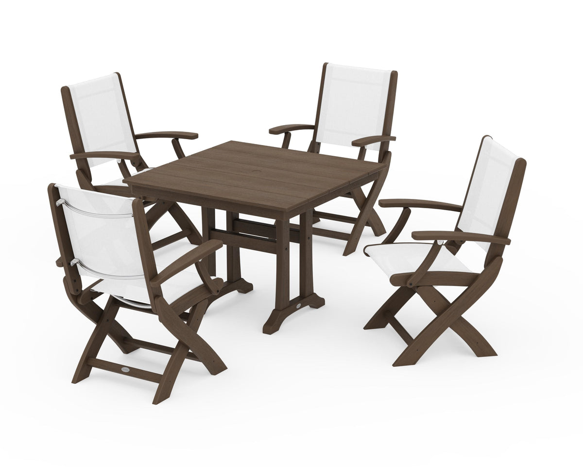 POLYWOOD Coastal Folding Chair 5-Piece Farmhouse Dining Set With Trestle Legs in Kona / White
