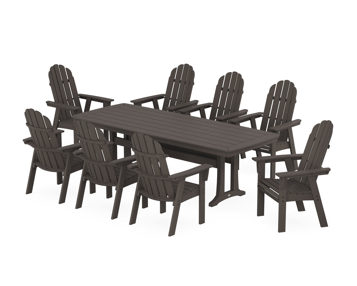 POLYWOOD Vineyard Curveback Adirondack 9-Piece Dining Set with Trestle Legs in Vintage Coffee