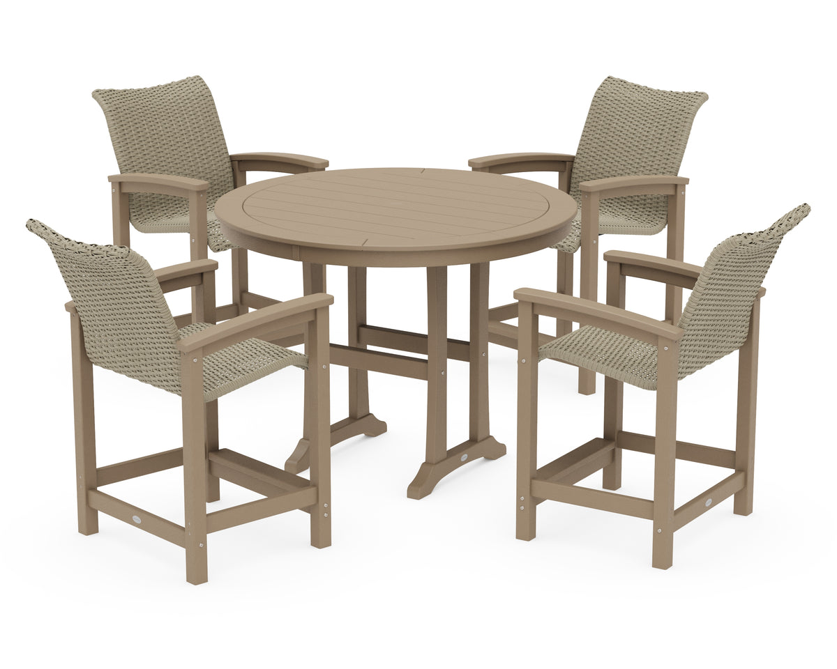 POLYWOOD Coastal Woven 5-Piece Round Counter Set in Vintage Sahara / Dune Grass