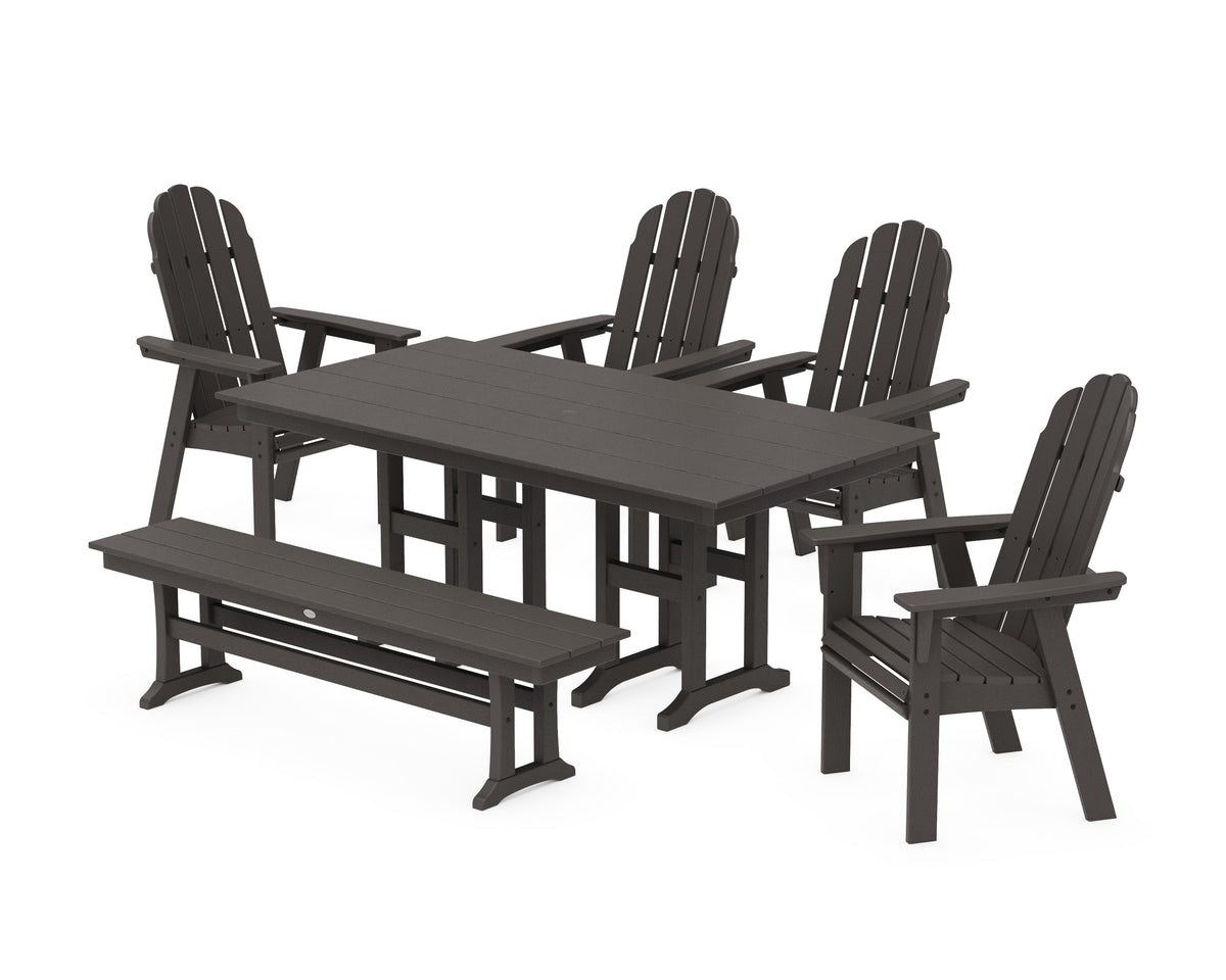 POLYWOOD Vineyard Curveback Adirondack Chair 6-Piece Farmhouse Dining Set with Bench in Vintage Coffee