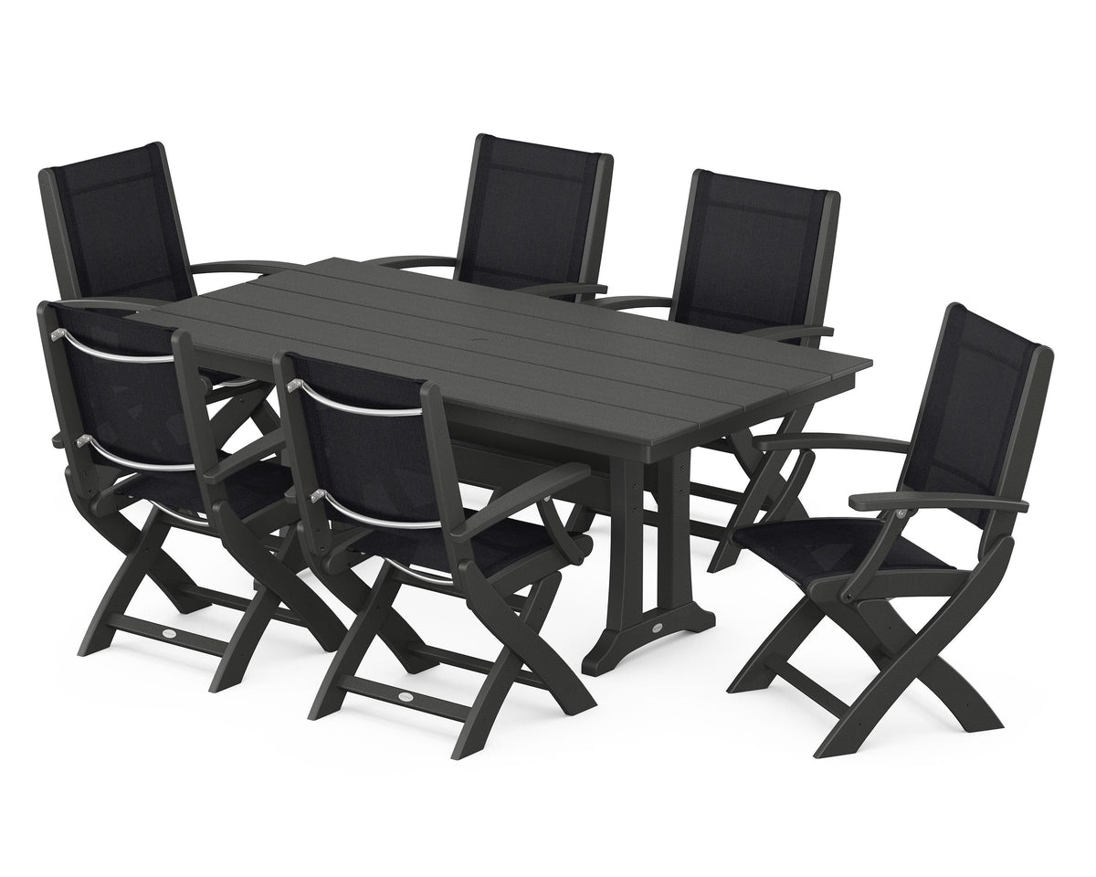 POLYWOOD Coastal Folding Arm Chair 7-Piece Farmhouse Dining Set with Trestle Legs in Black / Black