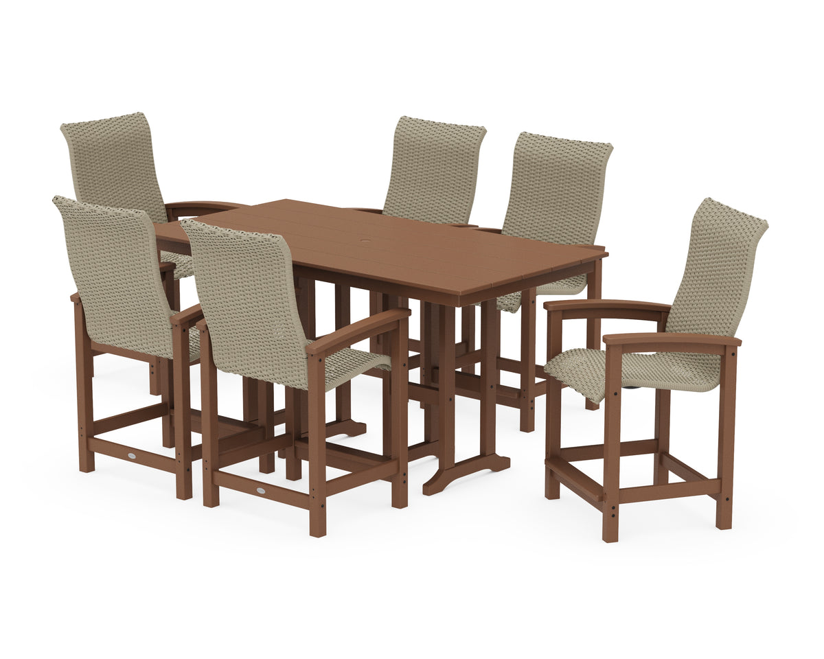 POLYWOOD Coastal Woven High-Back Arm Chair 7-Piece Farmhouse Counter Set in Teak / Dune Grass