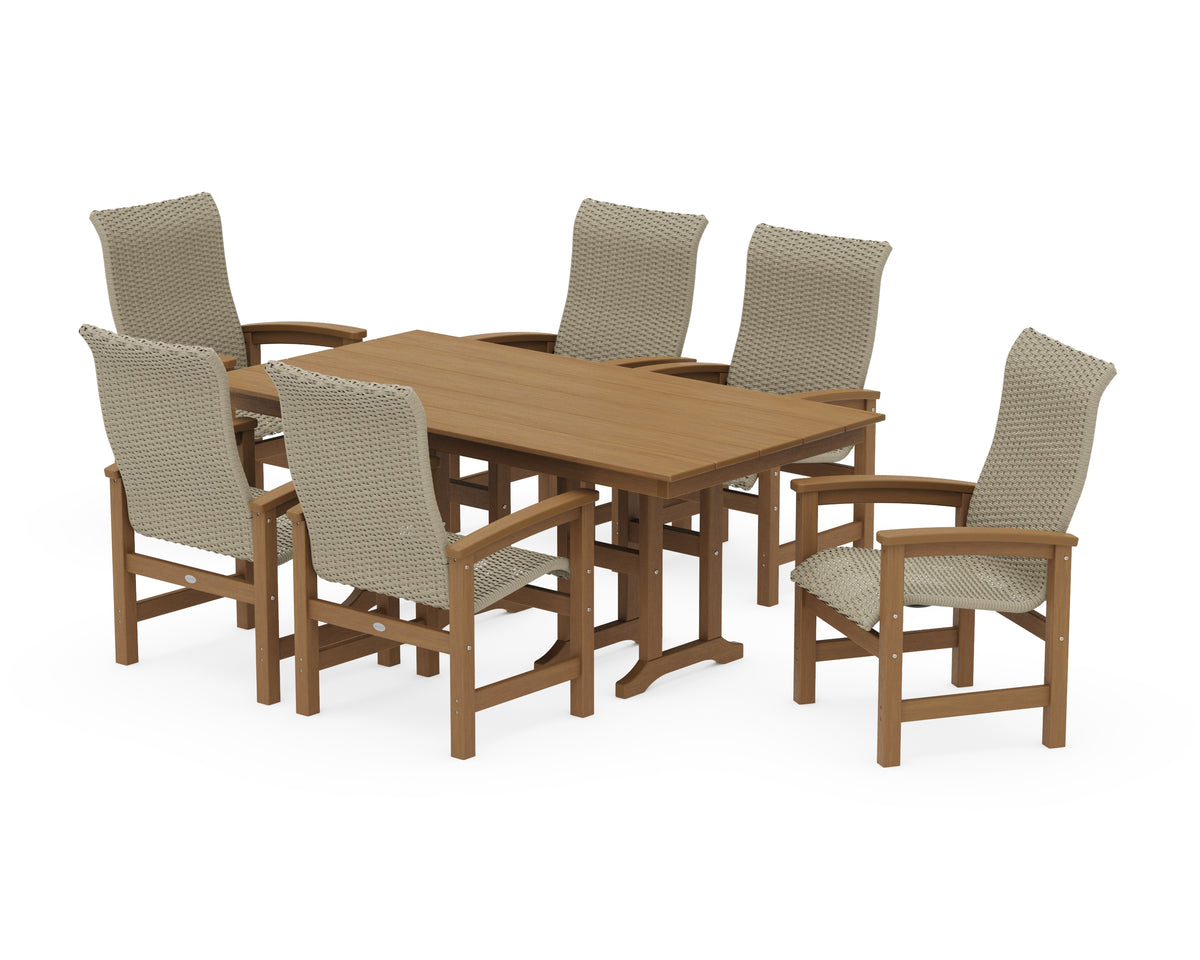 POLYWOOD Coastal Woven High-Back Arm Chair 7-Piece Farmhouse Dining Set in Natural / Dune Grass