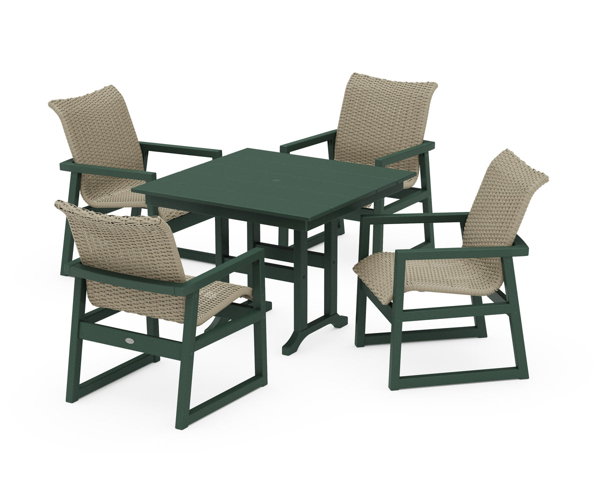 POLYWOOD EDGE Woven 5-Piece Farmhouse Dining Set in Green / Dune Grass