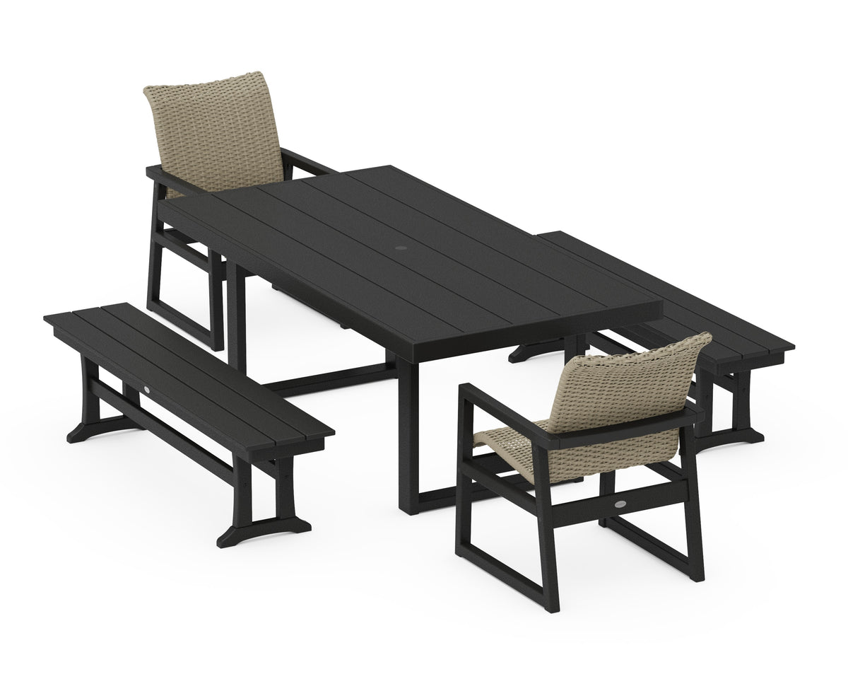 POLYWOOD EDGE Woven 5-Piece Dining Set with Benches in Black / Dune Grass