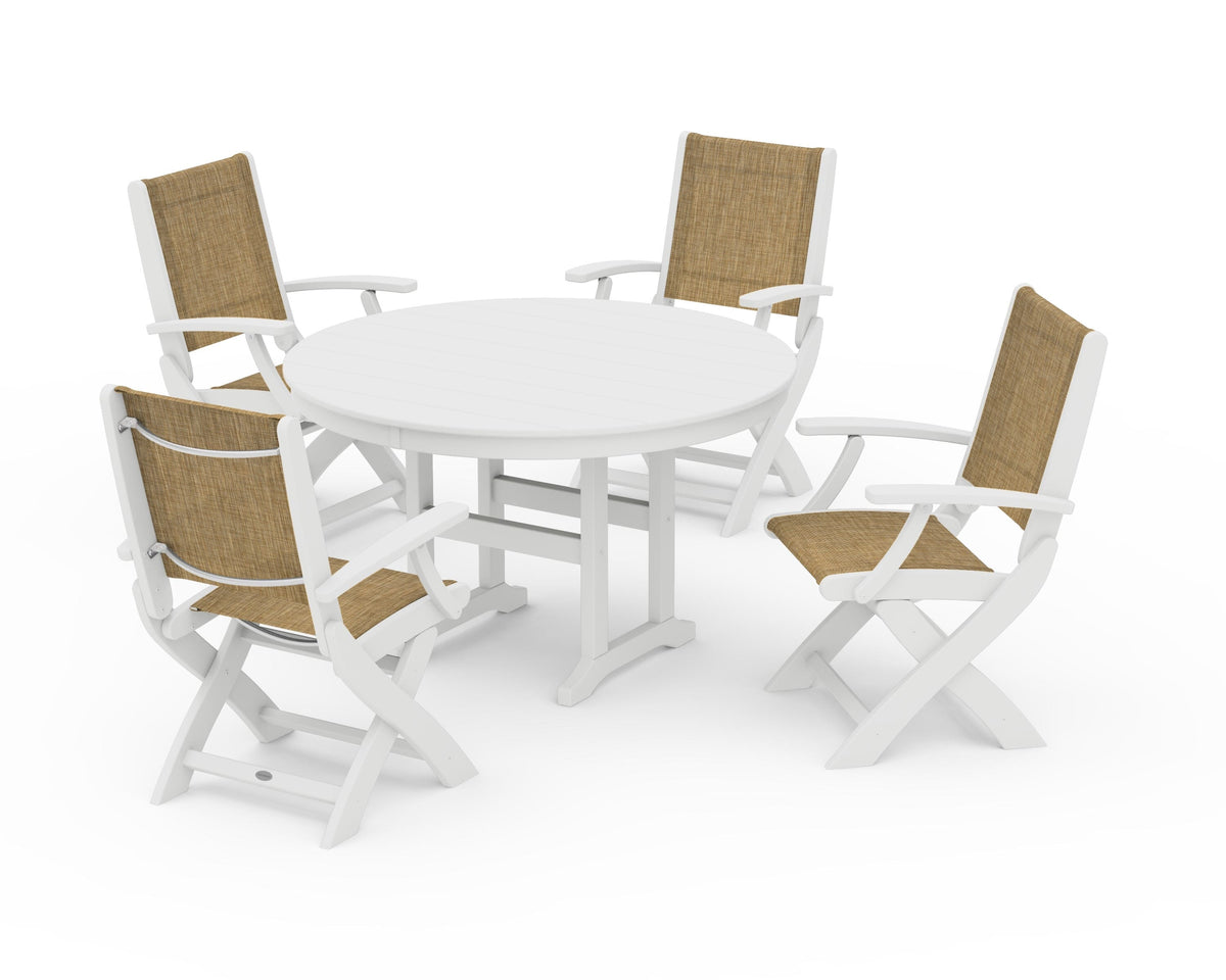 POLYWOOD Coastal Folding Chair 5-Piece Round Dining Set in White / Burlap