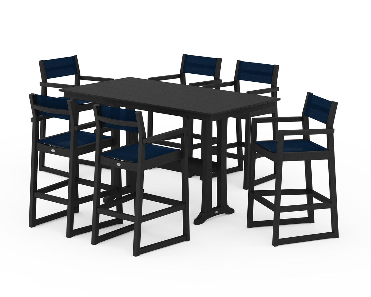 POLYWOOD EDGE Sling Arm Chair 7-Piece Farmhouse Bar Set with Trestle Legs in Black / Navy Blue