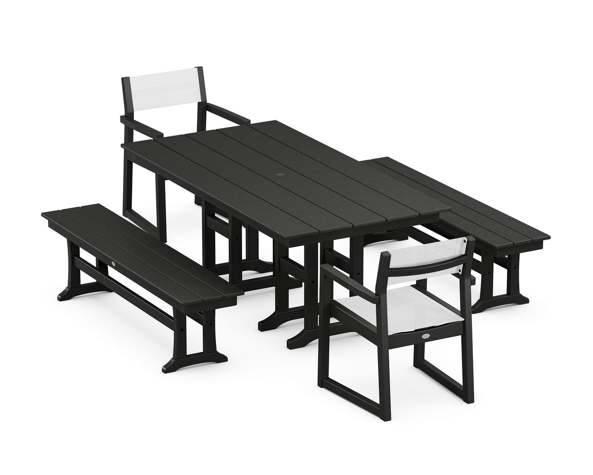 POLYWOOD EDGE Sling Arm Chair 5-Piece Farmhouse Dining Set with Benches in Black / White