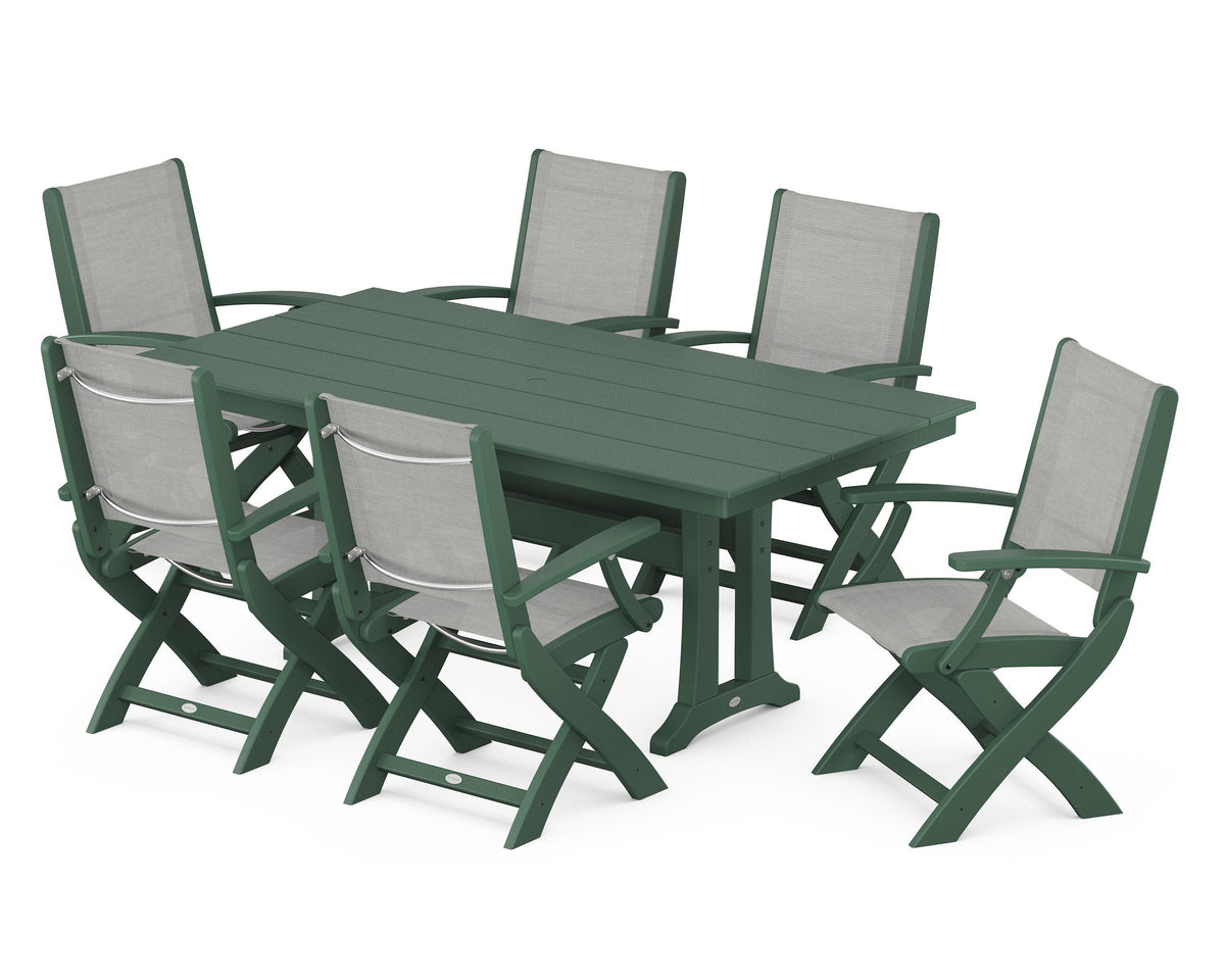 POLYWOOD Coastal Folding Arm Chair 7-Piece Farmhouse Dining Set with Trestle Legs in Green / Metallic