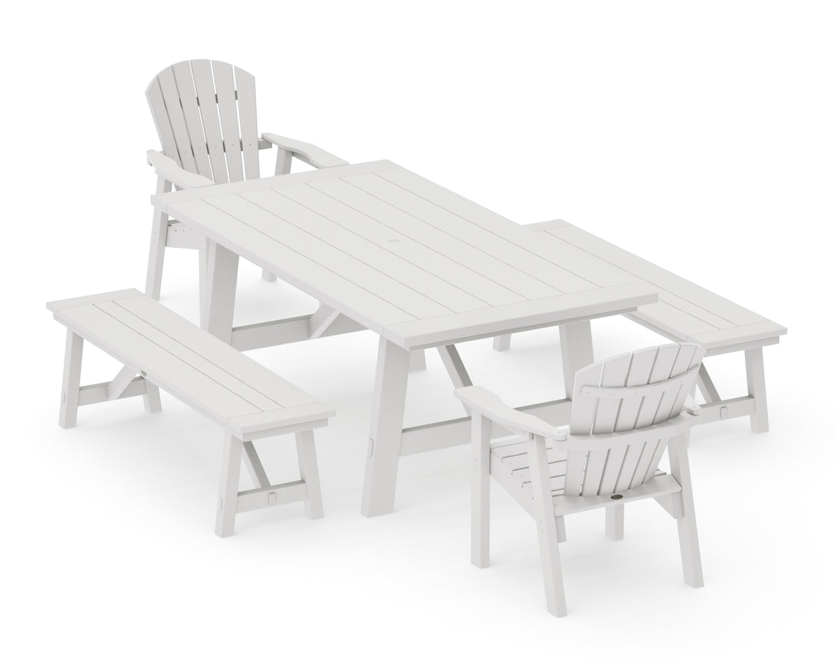 POLYWOOD Seashell 5-Piece Rustic Farmhouse Dining Set with Benches in Vintage White