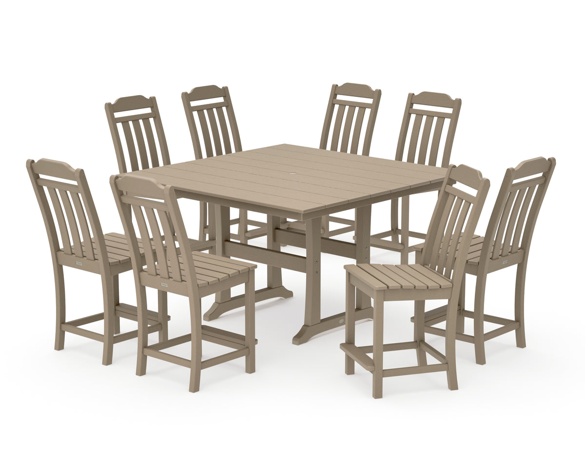 POLYWOOD Country Living Cottage 9-Piece Square Farmhouse Side Chair Counter Set with Trestle Legs in Vintage Sahara