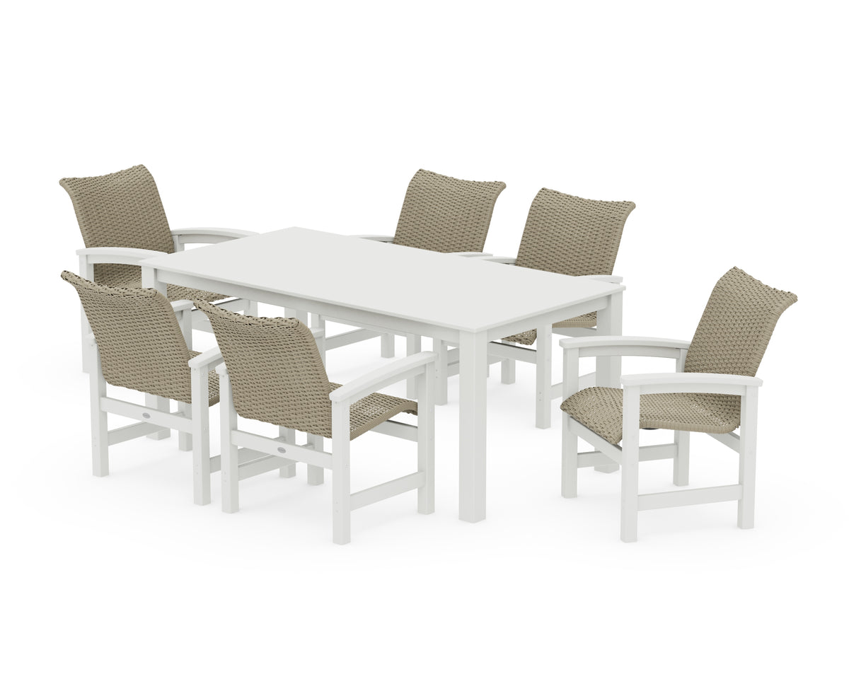 POLYWOOD Coastal Woven Arm Chair 7-Piece Parsons Dining Set in White / Dune Grass