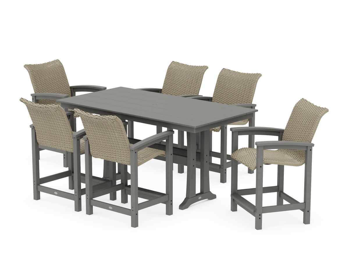 POLYWOOD Coastal Woven Arm Chair 7-Piece Farmhouse Counter Set with Trestle Legs in Slate Grey / Dune Grass