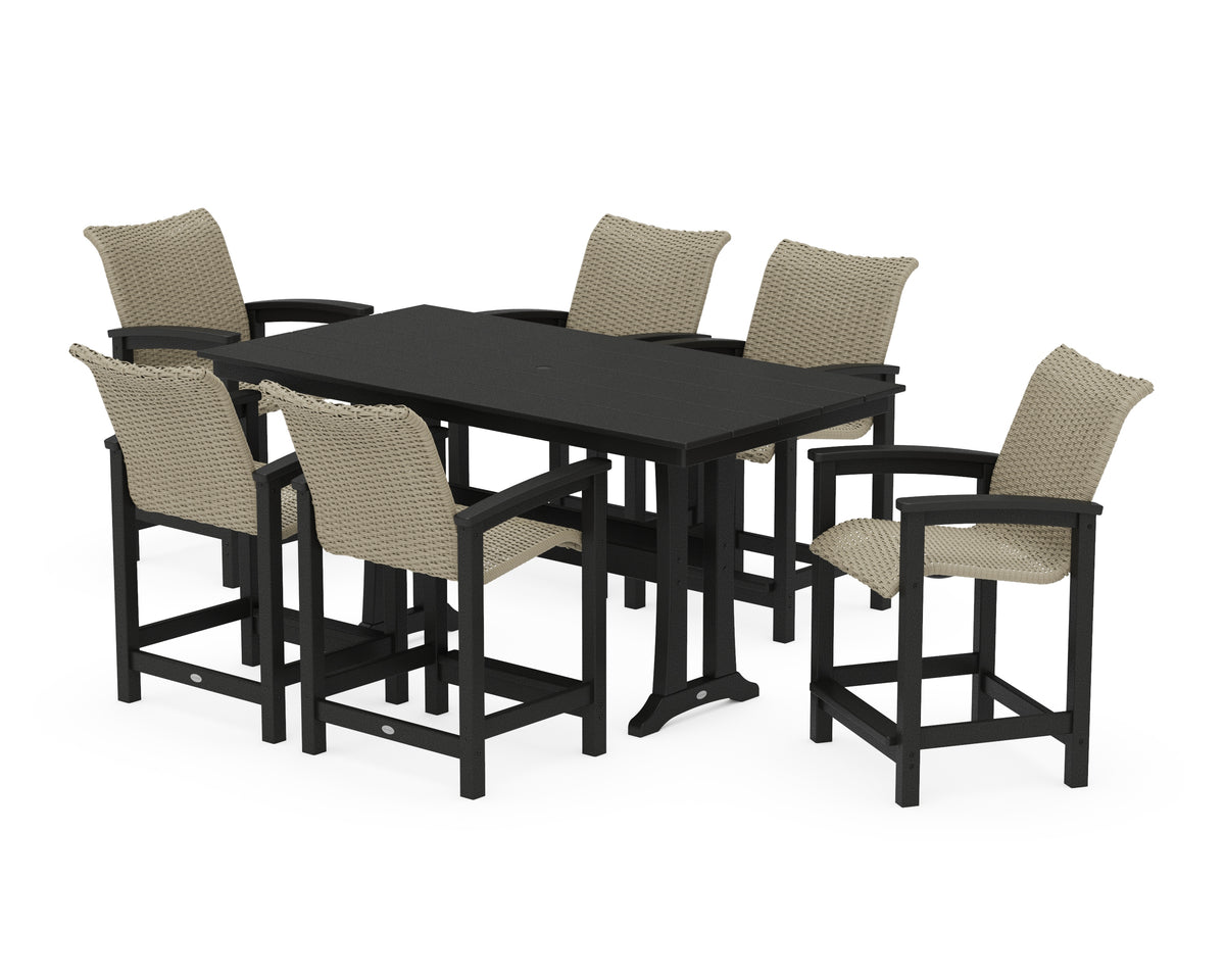 POLYWOOD Coastal Woven Arm Chair 7-Piece Farmhouse Counter Set with Trestle Legs in Black / Dune Grass