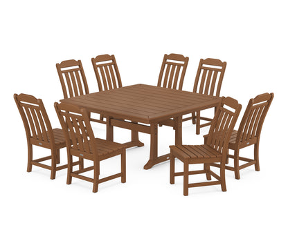 POLYWOOD Cottage 9-Piece Square Side Chair Dining Set with Trestle Legs in Teak