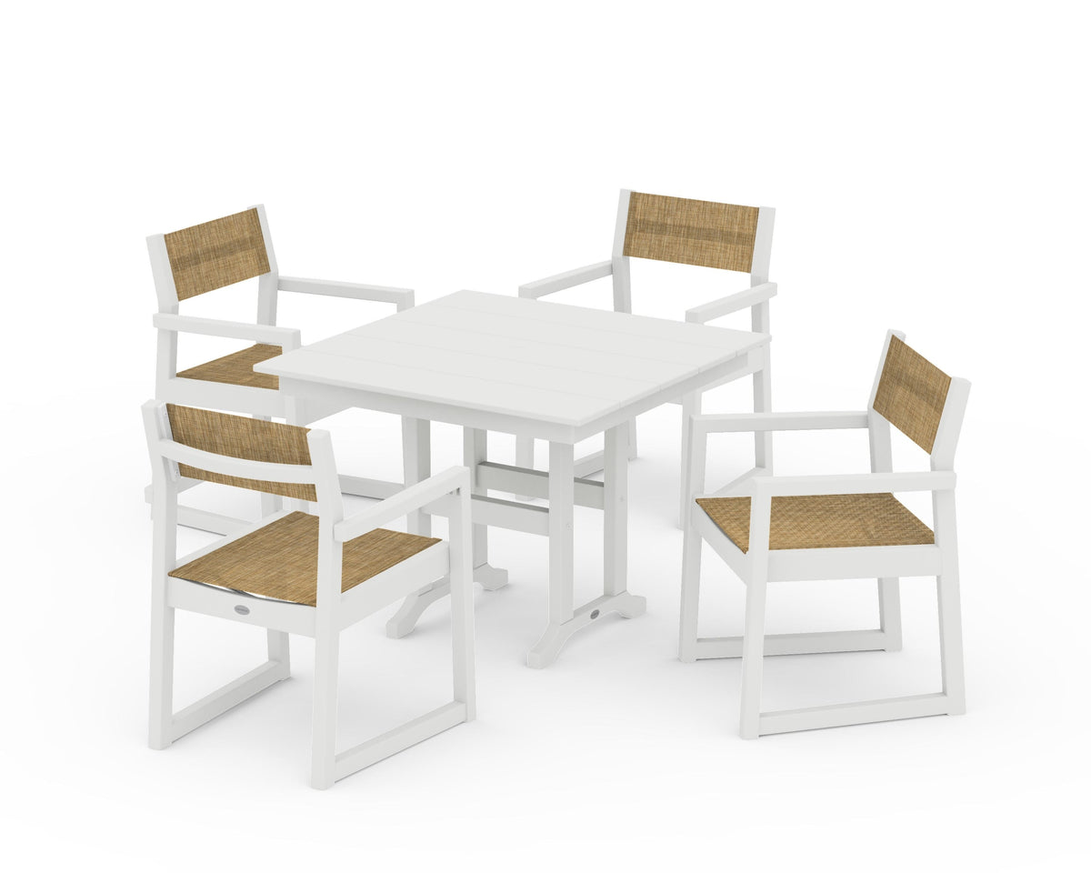 POLYWOOD EDGE Sling Arm Chair 5-Piece Farmhouse Dining Set in Vintage White / Burlap