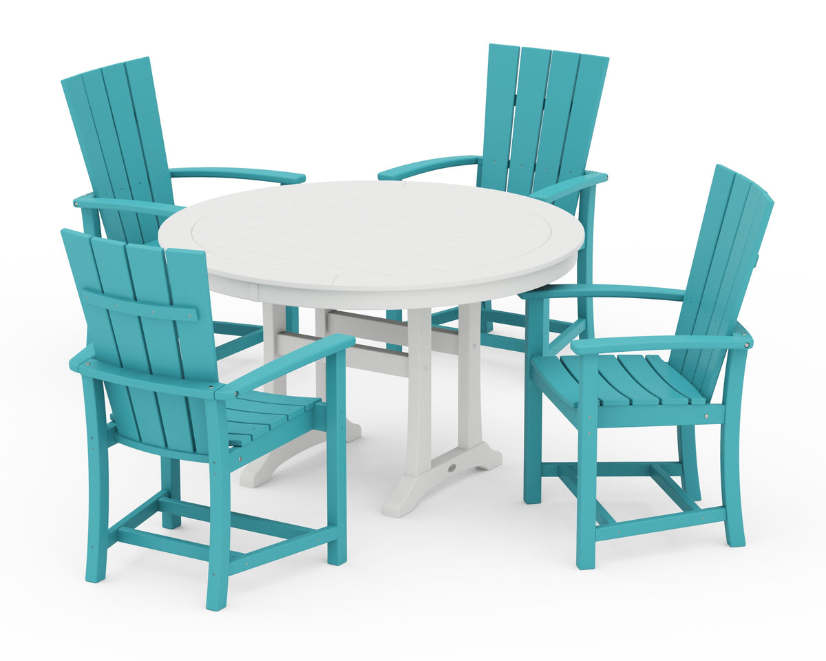 POLYWOOD Quattro 5-Piece Round Dining Set with Trestle Legs in Aruba / White