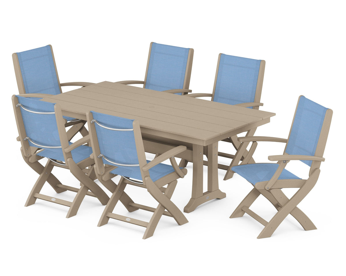 POLYWOOD Coastal Folding Arm Chair 7-Piece Farmhouse Dining Set with Trestle Legs in Vintage Sahara / Poolside