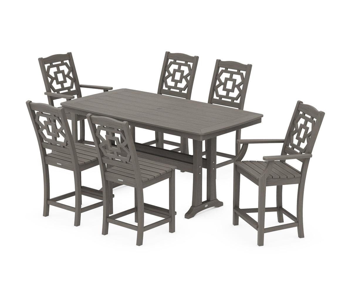 POLYWOOD Chinoiserie 7-Piece Counter Set with Trestle Legs in Driftwood