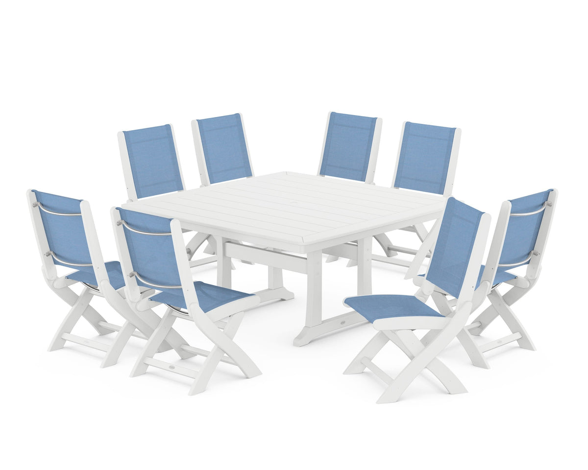 POLYWOOD Coastal Folding Side Chair 9-Piece Dining Set with Trestle Legs in White / Poolside