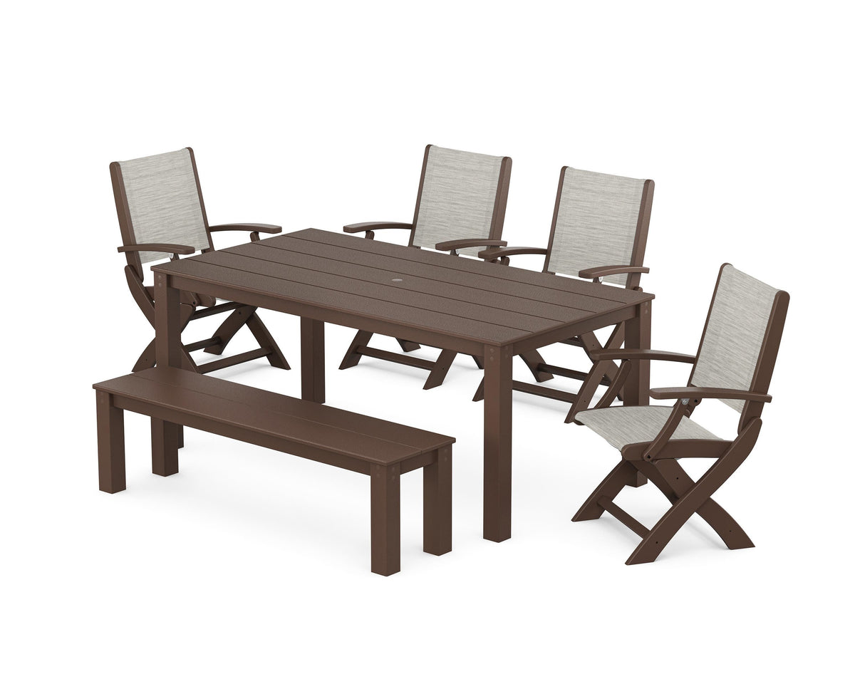 POLYWOOD Coastal Folding Chair 6-Piece Parsons Dining Set with Bench in Mahogany / Birch