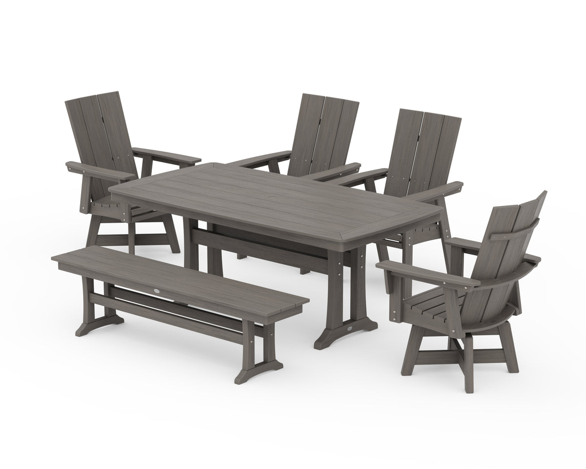 POLYWOOD Modern Curveback Adirondack Swivel Chair 6-Piece Dining Set with Trestle Legs and Bench in Driftwood