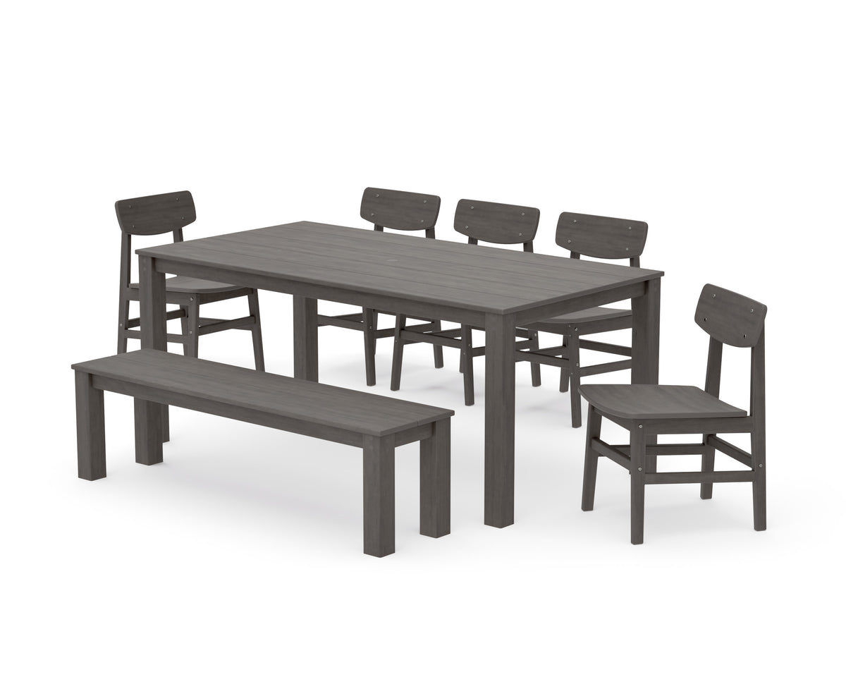 POLYWOOD Modern Studio Urban Chair 7-Piece Parsons Dining Set with Bench in Driftwood