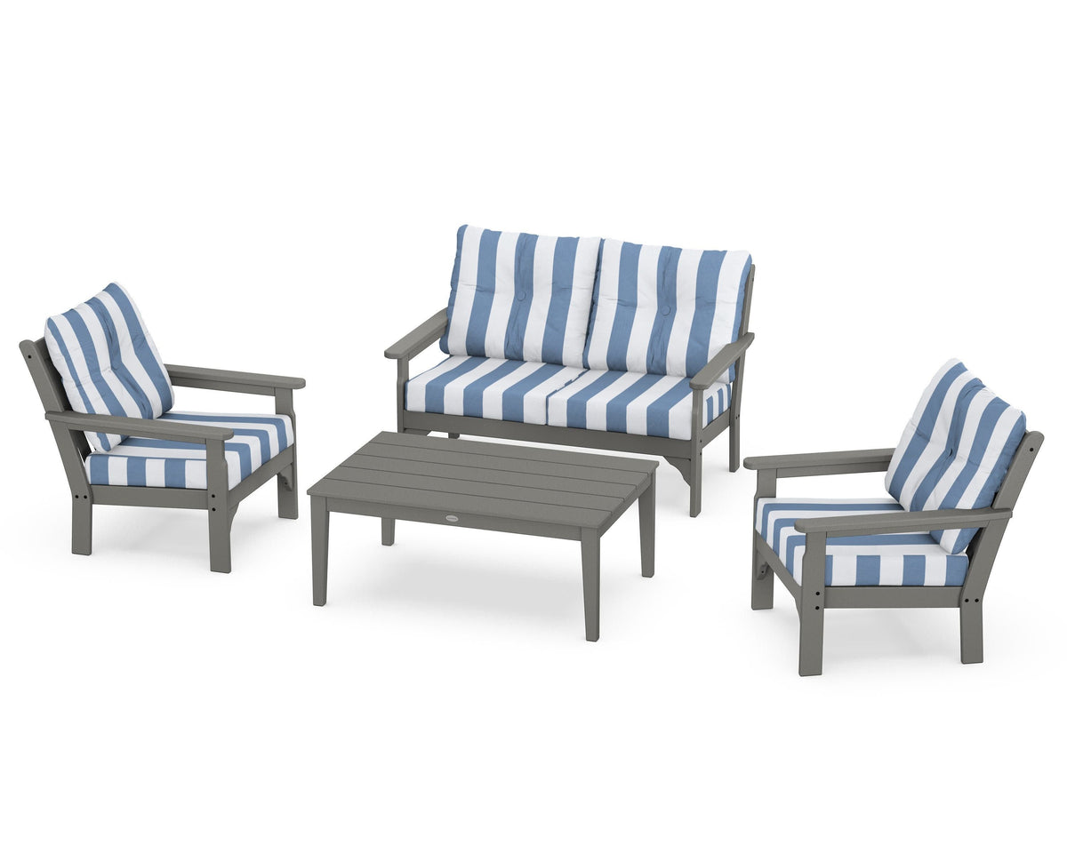 POLYWOOD Vineyard 4-Piece Deep Seating Set with Two Chairs and Loveseat in Slate Grey / Cabana Stripe Sky Blue