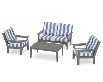 POLYWOOD Vineyard 4-Piece Deep Seating Set with Two Chairs and Loveseat in Slate Grey / Cabana Stripe Sky Blue