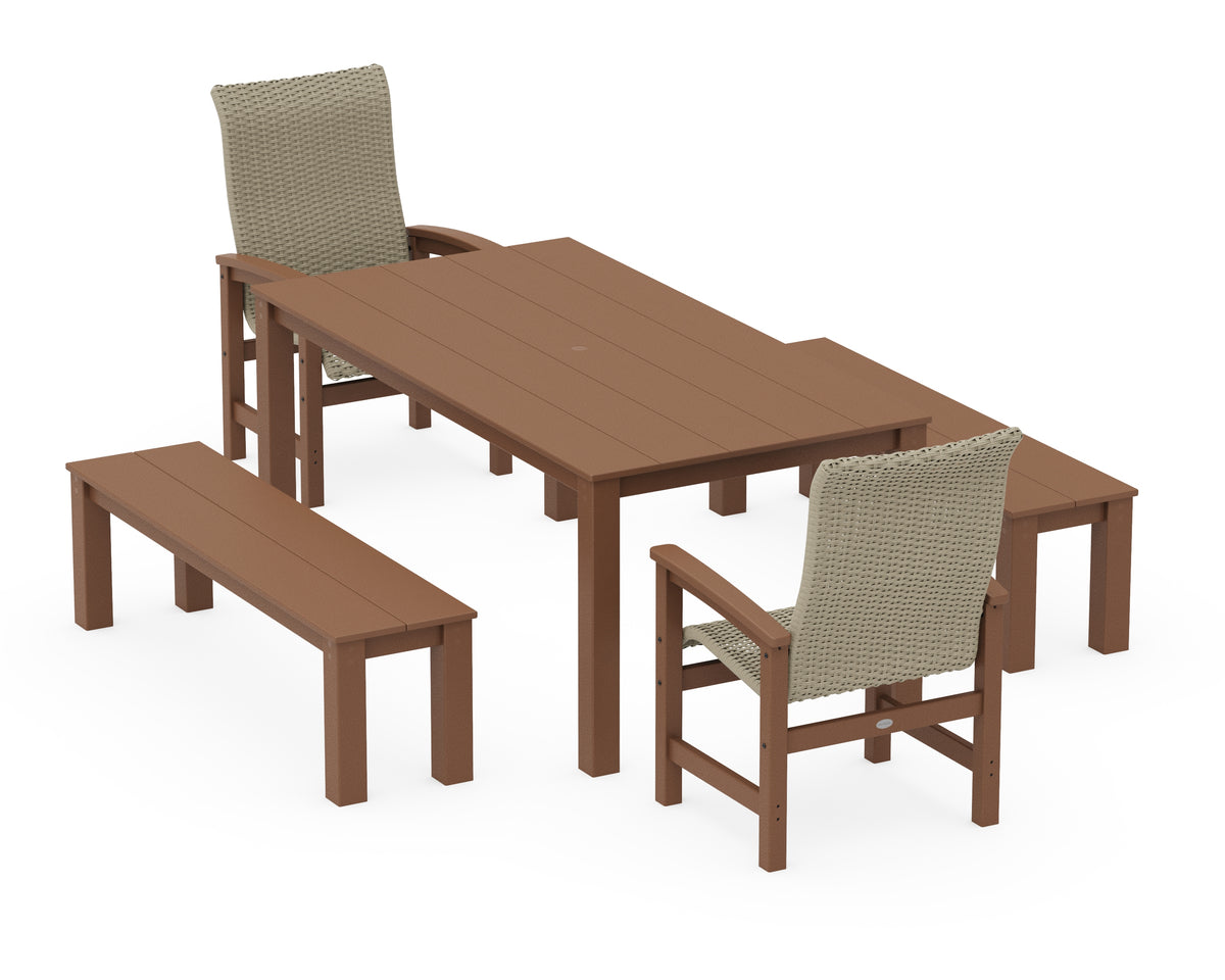 POLYWOOD Coastal Woven High-Back 5-Piece Parsons Dining Set with Benches in Teak / Dune Grass