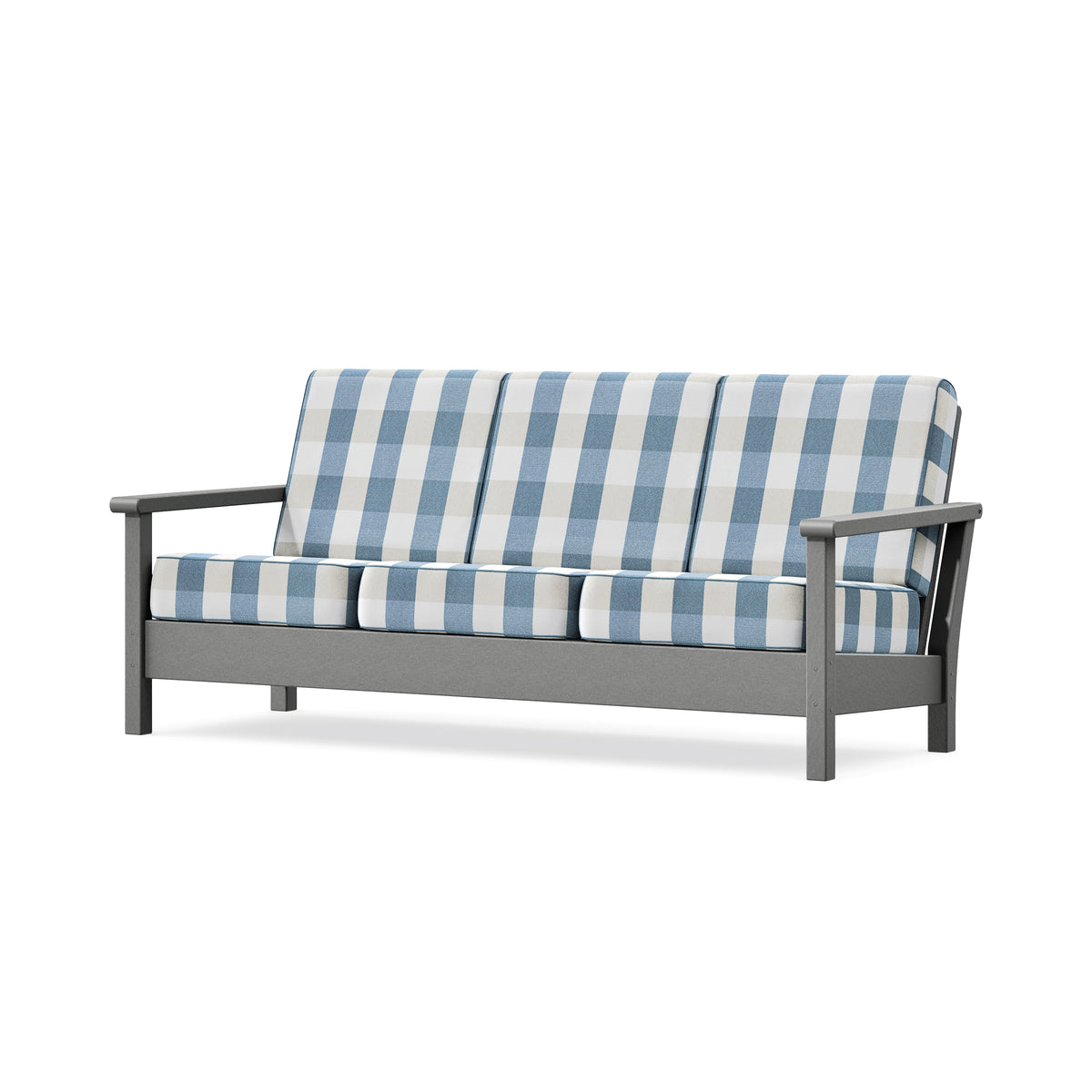 POLYWOOD Harbour Deep Seating Sofa in Slate Grey / Buffalo Plaid Sky Blue