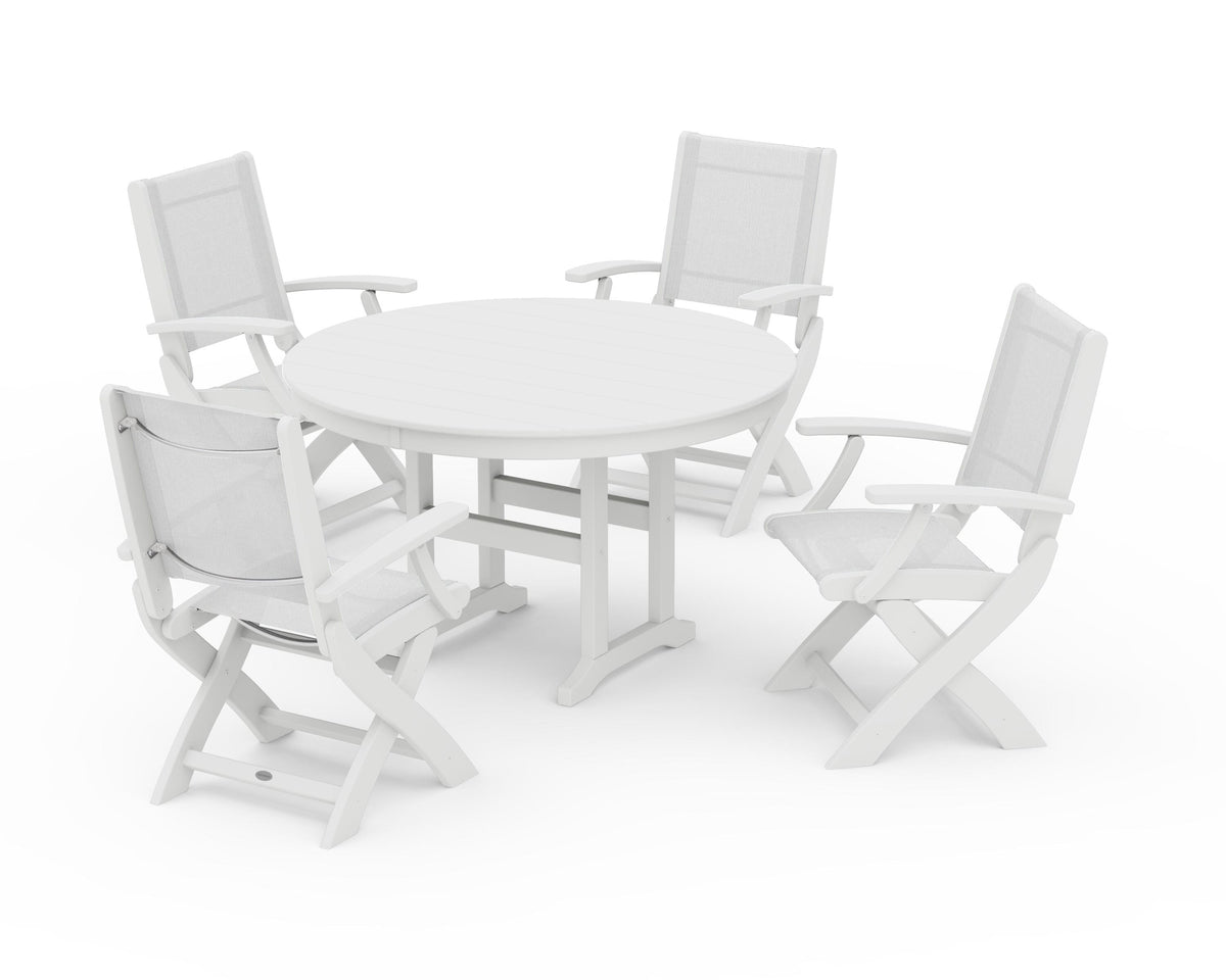 POLYWOOD Coastal Folding Chair 5-Piece Round Dining Set in White / White