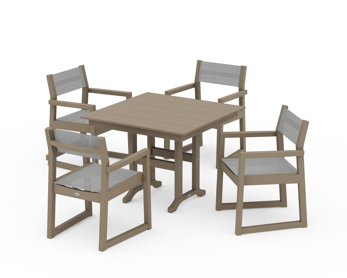 POLYWOOD EDGE Sling Arm Chair 5-Piece Farmhouse Dining Set in Vintage Sahara / Metallic