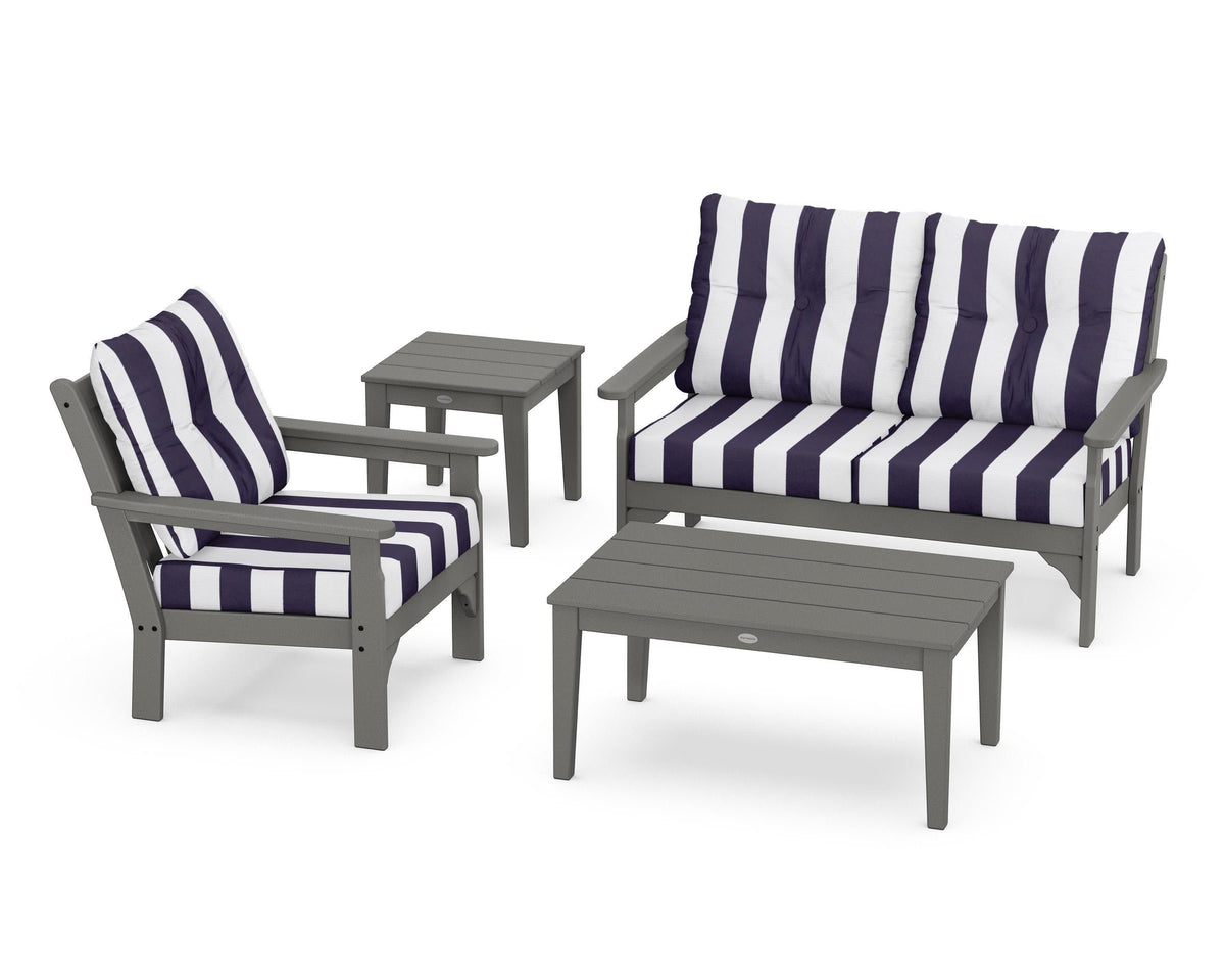 POLYWOOD Vineyard 4-Piece Deep Seating Set with 36" Coffee Table in Slate Grey / Cabana Stripe Navy