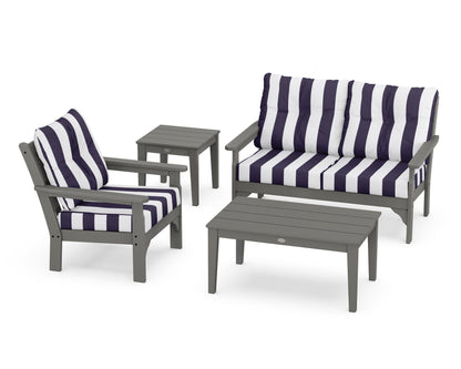 POLYWOOD Vineyard 4-Piece Deep Seating Set with 36" Coffee Table in Slate Grey / Cabana Stripe Navy