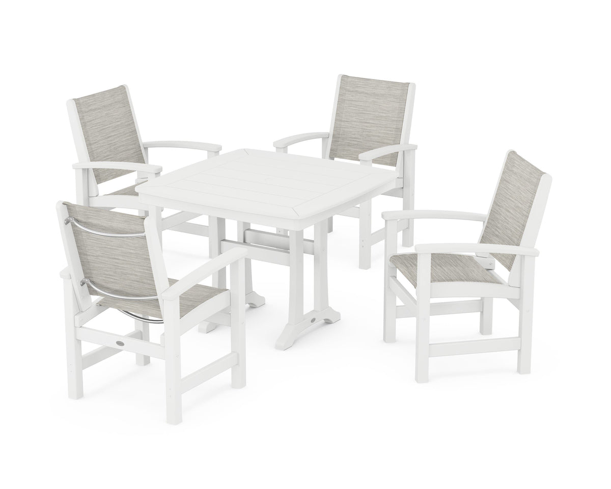 POLYWOOD Coastal 5-Piece Dining Set with Trestle Legs with Nautical Trestle 37" Dining Table in White / Birch