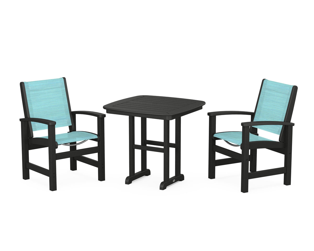 POLYWOOD Coastal 3-Piece Dining Set in Black / Dupioni Aquamarine